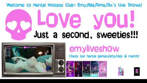 Media: Video of a hentai club promotion poster featuring a pink skull, \"Love you!! Just a second, sweeties!!\" in bold text, and thumbnails of hentai artwork.