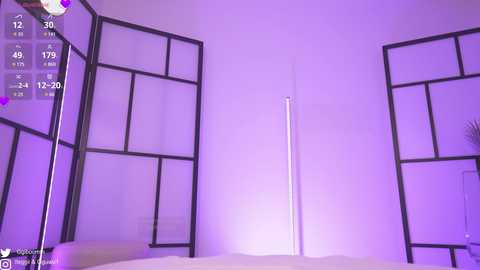 Media: Video of a modern, minimalist bedroom bathed in purple light. The room features a large, black-framed mirror partition with a tall, slender light pole. A bed with white sheets is partially visible in the foreground.