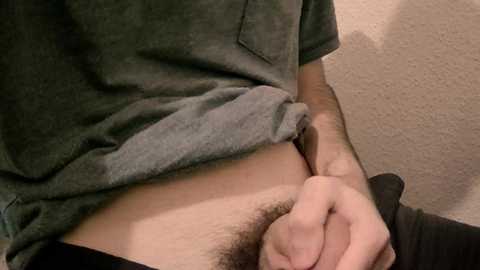 Media: Video of a person's lower torso, wearing a grey t-shirt and black pants, pulling up their pants to reveal pubic hair. The background is a beige wall.