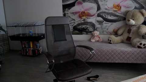 Media: Video of a modern bedroom with a dark grey ergonomic chair, a plush pink teddy bear, and a large floral wallpaper; a pet cage with a cat in the background.