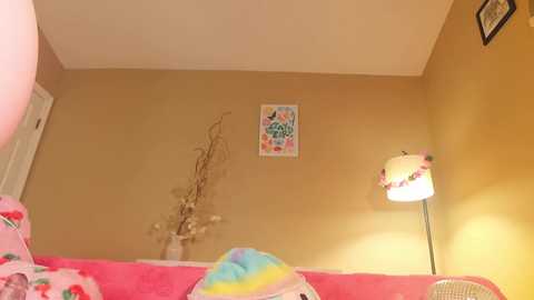 Media: Video of a child's cozy bedroom with a pink and yellow wall, a white lamp, a colorful pillow, a \"Be Brave\" poster, and a decorative branch on a shelf.