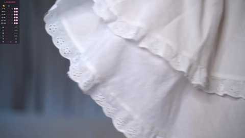 Media: A close-up video of a white, lacy wedding dress, featuring delicate embroidery and a slightly ruffled hem, set against a blurred, dark background.