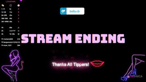 Media: Video of a Twitch stream ending screen with \"STREAM ENDING\" in bold purple text, \"Thanks All Tippers!\" with a lipstick icon below, and a woman in a neon purple dress on the left.