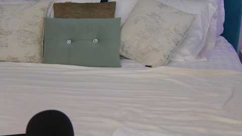 Media: Video of a neatly made bed with white sheets, a green pillowcase, and two patterned pillows. A black hairpiece is partially visible in the foreground.