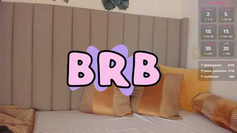 Media: Video of a modern bedroom with a beige tufted headboard, yellow and brown striped pillows, and a bedsheet with a \"BBR\" overlay in pink. A virtual chat screen with user names and times is visible in the upper right.