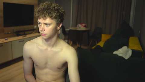 Media: Video of a shirtless, lean young man with curly hair in a dimly lit room. Background features a TV, dining table, and a messy bed.