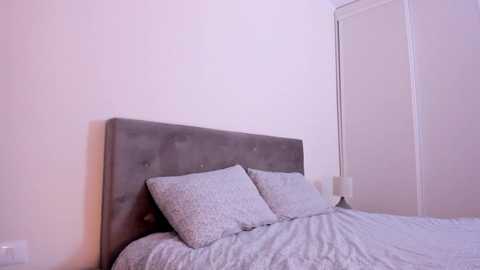 Media: Video of a minimalist bedroom with a gray upholstered headboard, light gray bedding, and a white wall. The room has a soft, neutral color palette and a simple, clean design.