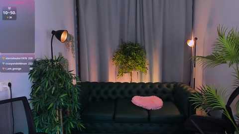 Media: Video of a modern living room featuring a dark green tufted sofa with a pink throw pillow, lush green plants, and two standing floor lamps, set against gray curtains.