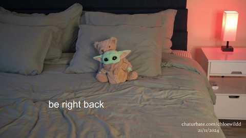 Media: A video of a plush Grogu (Baby Yoda) doll on a neatly made bed with a dark headboard, surrounded by gray pillows. The room features a bedside lamp with a red shade and a white nightstand.