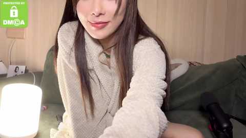 Media: Video of an Asian woman with long, straight brown hair, wearing a beige knit sweater, sitting on a green couch in a cozy living room. A bright lamp and a bookshelf with books are visible in the background.