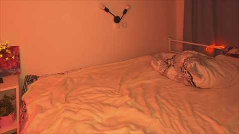 Media: A video of a dimly-lit bedroom featuring a white bed with beige bedding, a white nightstand with a colorful framed photo, and a wall-mounted light fixture emitting a warm glow.