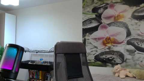 Media: Video of a minimalist office with a grey ergonomic chair, a black computer monitor, and a white wall adorned with a large, colorful floral wallpaper.