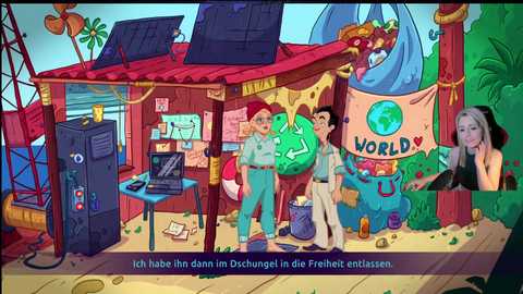 Media: A cartoon scene depicts a colorful, cluttered office with a pirate theme. Characters include a blonde woman, a man in a green uniform, and a green dragon.