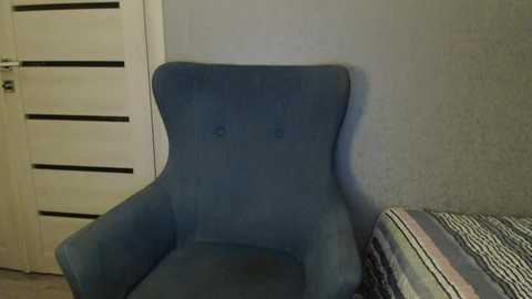 Media: Video of a teal armchair with high backrest and tufted buttons, positioned against a gray wall. To the left, a white door with horizontal black handles is visible. The floor is light-colored, and the armchair sits next to a striped cushion.