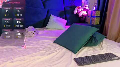 Media: Video of a bedroom with a bed, pillows, and a stuffed toy; a keyboard on the bed. The room has a dark headboard, pink flowers, and blue lighting.