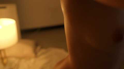 Media: Video of a nude, muscular man from the side, with a warm, dimly lit room in the background featuring a bedside lamp and a plush, white rug.