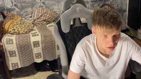 Media: Video of a young man with short brown hair, wearing a white t-shirt, sitting in a grey gaming chair. Background shows a patterned bed with leopard and plaid pillows, and a wall mural of a cityscape.