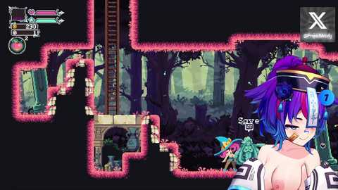 Media: This is a pixel art image from the video game \"Spelunker\" featuring a topless, purple-haired female character with large breasts, surrounded by a dense, dark forest.