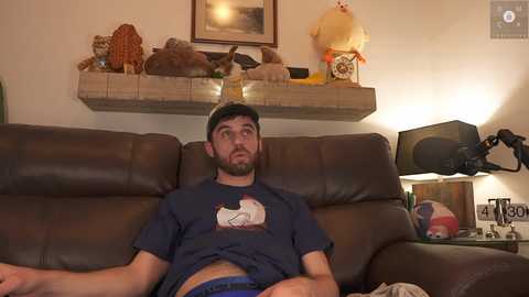 Media: Video of a bearded man in a navy T-shirt and blue shorts lounging on a brown leather couch, surrounded by plush toys and a lamp in a cozy living room.