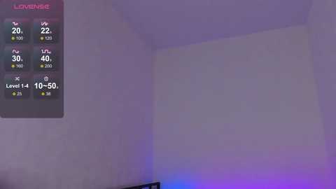 Media: A video of a dimly lit, empty room with a white wall and a purple glow from a ceiling light. A digital display on the left shows temperature and humidity levels.