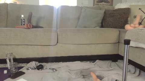 Media: A video depicts a living room with a beige sectional sofa, a plush brown pillow, and a person resting on the couch. The floor is scattered with a gray blanket, a laptop, and a glass bottle.