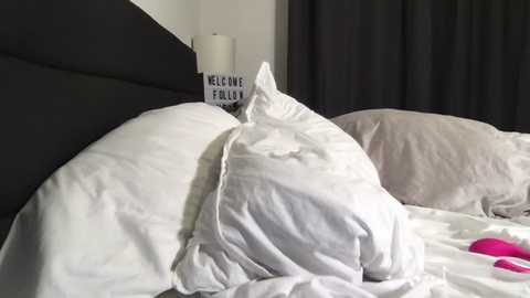 Media: A video of a messy bed with white pillows and sheets, a black headboard, a white lamp, and a \"WELCOME HOME\" sign in the background.