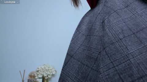 Media: Video of a person's lower torso in a grey plaid shirt, against a light blue wall. A vase with white hydrangeas sits in the foreground.