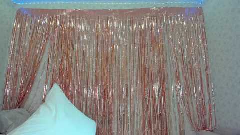 Media: A video of a pink tassel garland hanging over a white pillow on a light blue cushion. The tassels are metallic and reflect light, creating a shimmering effect. The background is a neutral, textured wall.