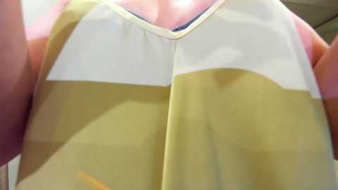 Media: Video of a person's upper torso, wearing a sleeveless, yellow and white striped dress with a V-neckline, showcasing fair skin and a slender build.