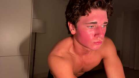 Media: Video of a shirtless young man with sunburnt skin, dark curly hair, and a pained expression, leaning forward in a dimly lit room with white walls and a floor lamp.