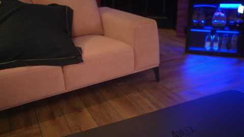 Media: Video of a modern living room with a light pink sofa, black throw pillow, and wooden floor. A bar cart with blue lighting and bottles is visible in the background.