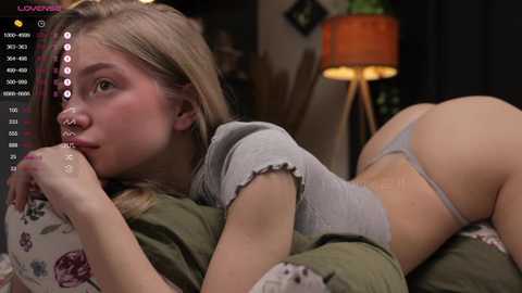 Media: Video of a blonde woman with fair skin, wearing a grey crop top and thong, lying on a bed, looking sultry. Background includes a lamp, plants, and floral pillows.