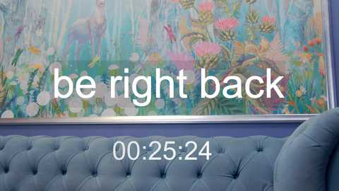 Media: A video of a light blue, tufted sofa with a floral mural in the background. Text reads, \"be right back,\" followed by \"00:25:24.\" The image exudes a serene, vintage ambiance.