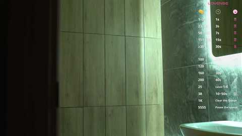 Media: Video of a tiled shower wall with horizontal beige tiles, a white shower head, and a digital control panel with buttons labeled \"C\", \"L\", and \"P\".