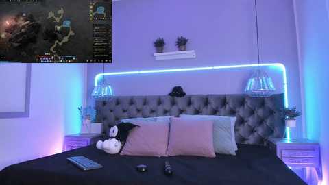 Media: A video of a modern bedroom with a grey tufted headboard, blue neon lights, two potted plants, and a gaming setup on the bed.