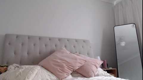 Media: Video of a modern bedroom with a light gray, tufted headboard, pink pillows, and a full-length mirror reflecting a white curtain. The room has a minimalist, soft decor style.