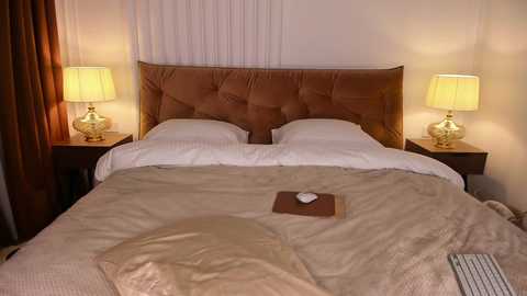 Media: Video of a cozy, neatly made bed with a tufted, brown headboard. Bed is covered in beige sheets and a plush, matching blanket. Two side tables with golden lamps flank the bed, and sheer white curtains cover the window.