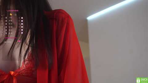 Media: Video of a woman with long black hair, wearing a sheer red nightgown, leaning over a white surface, with a calendar in the background.