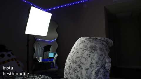 Media: Video of a dimly lit bedroom with a large white lightbox, blue LED strip lighting, and a person in a bed covered with a floral-patterned blanket.