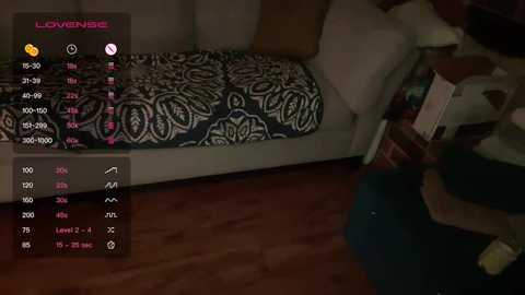 Media: Video of a dimly lit bedroom with a black and white patterned bedspread, wooden floor, and a digital interface overlay showing \"LOVE INSIDE\" text and health statistics.