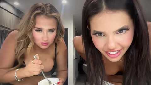 Media: Video of two young women, one blonde with long hair, the other brunette with straight hair, both topless, eating soup, smiling, in a modern, brightly lit kitchen.