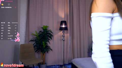 Media: Video of a modern room with beige curtains, a tall lamp, a potted plant, and a woman with a white off-shoulder top.