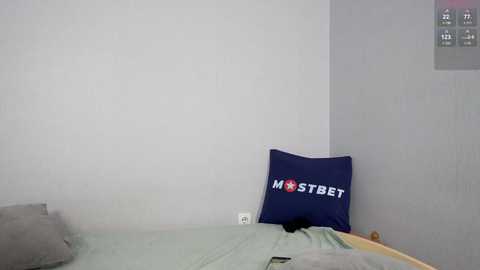 Media: A video of a simple, sparsely furnished room with a single bed against a light gray wall. The bed has a green sheet, and a dark blue pillow with white text reads \"MOSTBET.\