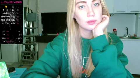 Media: A video of a young woman with long blonde hair, wearing a green hoodie, leaning on her hand, in a modern kitchen with white cabinets.