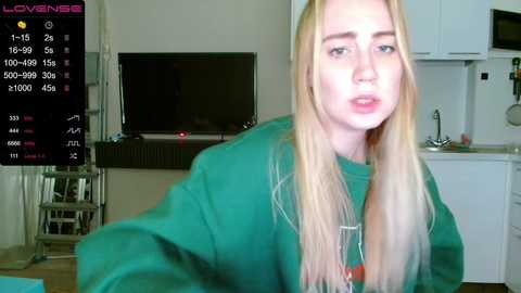 Media: Video of a young woman with long blonde hair, wearing a green sweatshirt, in a modern kitchen with a black TV, white cabinets, and a sink.