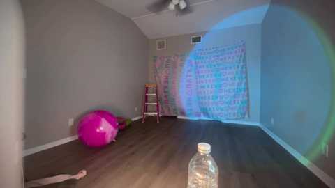 Media: A video of a sparsely furnished room with grey walls, a wooden floor, a pink beach ball, a step ladder, and a blue and white patterned curtain. A water bottle sits on a table in the foreground.