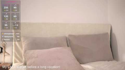 Media: A video of a minimalist bedroom with a beige upholstered headboard, two light gray pillows, and a digital overlay showing travel statistics.