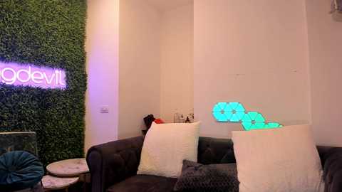 Media: Video of a cozy living room with a dark brown sofa, white cushions, green leafy wall, \"Bobevii\" neon sign, and glowing blue neon art piece on white wall.