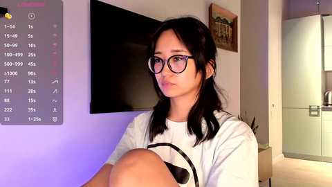 Media: A video of a young Asian woman with long black hair, glasses, and a white t-shirt, sitting indoors with a flat-screen TV and a framed artwork in the background.