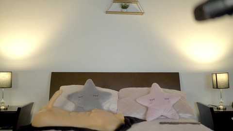 Media: Video of a minimalist, modern bedroom with a white wall, wooden headboard, and two bedside tables with lamps. Two plush star-shaped pillows, one light blue, the other pink, are on the bed, and a smartphone is on the bed's edge.